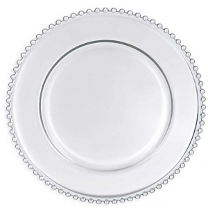 platzteller aus glas mit Perlenrand mieten
