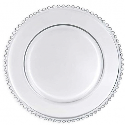platzteller aus glas mit Perlenrand mieten